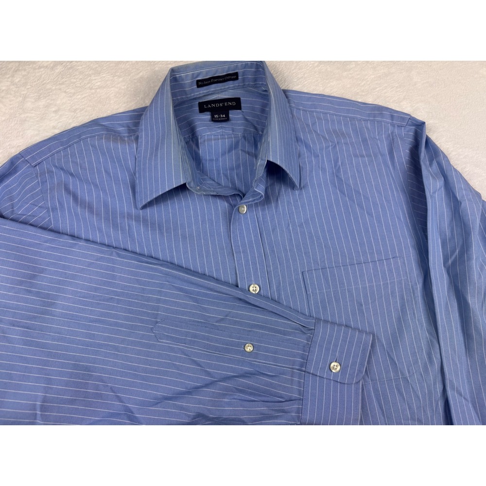 Lands End Mens No Iron Pinpoint Oxford Dress Shirt Blue Pinstripe 15-34 Cotton